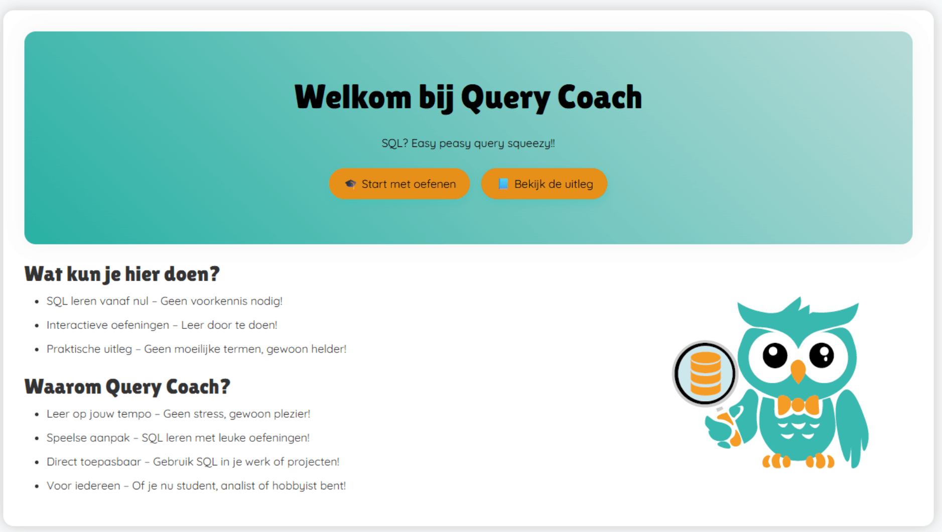 homepagina van Query Coach